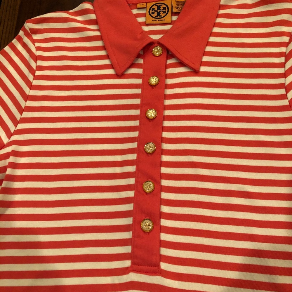 Tory Burch White and Orange Striped Polo